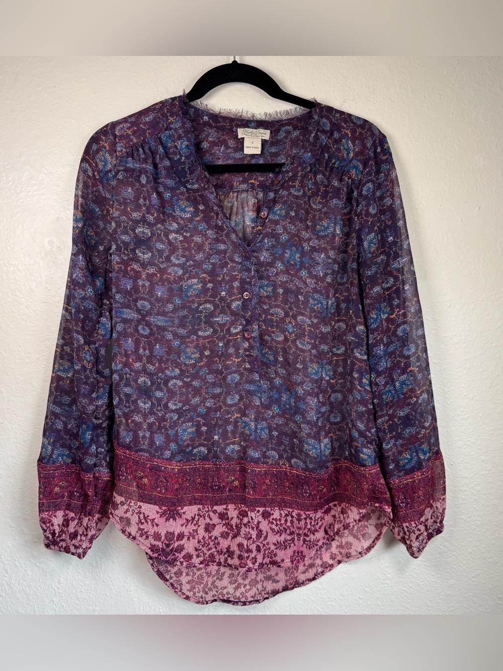 Lucky Brand Women Long Sleeve Blouse Top Shirt Size Small Boho Hippie Sheer
